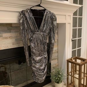 BCBG Maxazria shiny silver shirt dress, size “XXS”